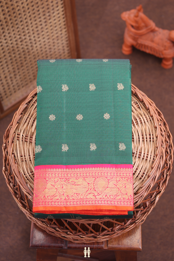 Kanchipuram Silk Saree In Forest Green With Peacock Buttas