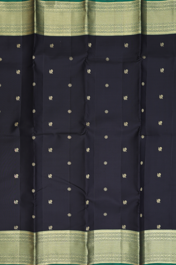 Kanchipuram Silk Saree In Black With Peacock Buttas