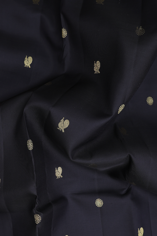 Kanchipuram Silk Saree In Black With Peacock Buttas