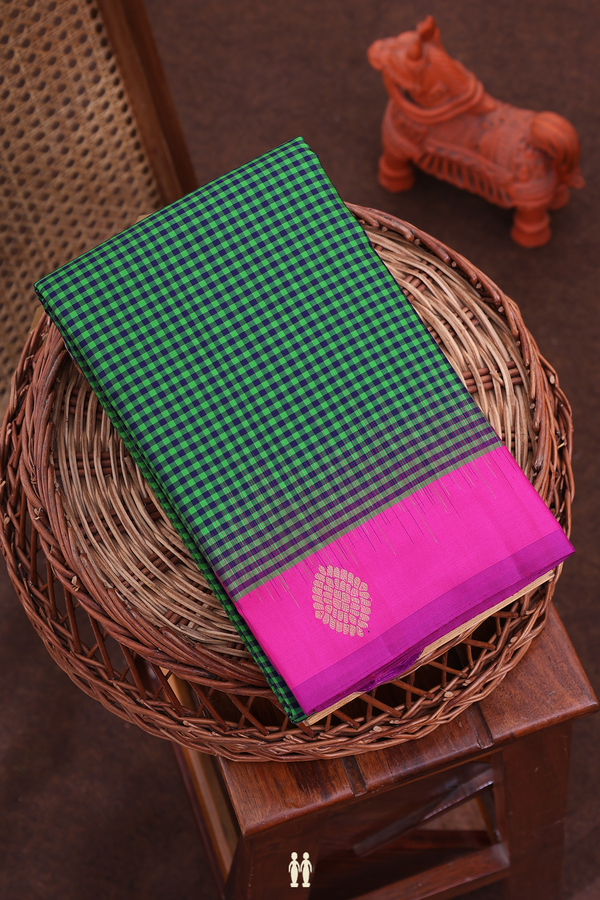 Kanchipuram Silk Saree In Blue And Green With Checks Design