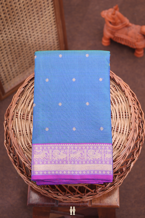 Kanchipuram Silk Saree In Capri Blue Along Stripes With Buttas