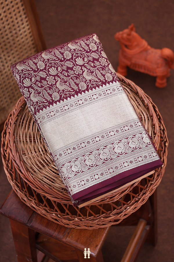 Kanchipuram Silk Saree In Dark Brown With Peacock Design