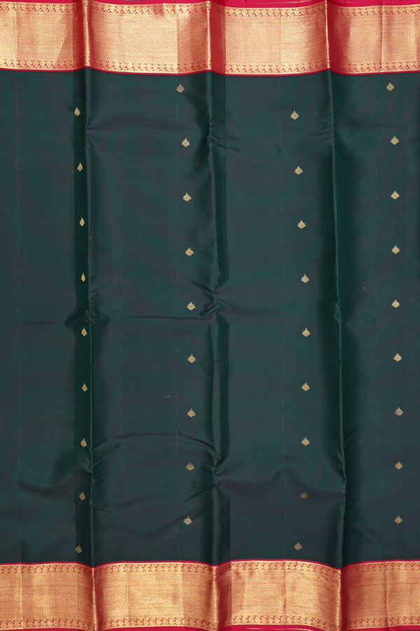 Kanchipuram Silk Saree In Dark Green Along Stripes With Buttas
