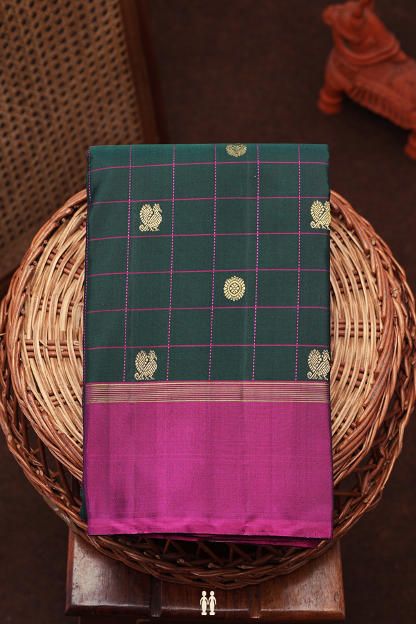 Kanchipuram Silk Saree In Dark Green With Checks Along Buttas