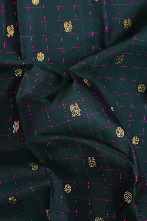 Kanchipuram Silk Saree In Dark Green With Checks Along Buttas