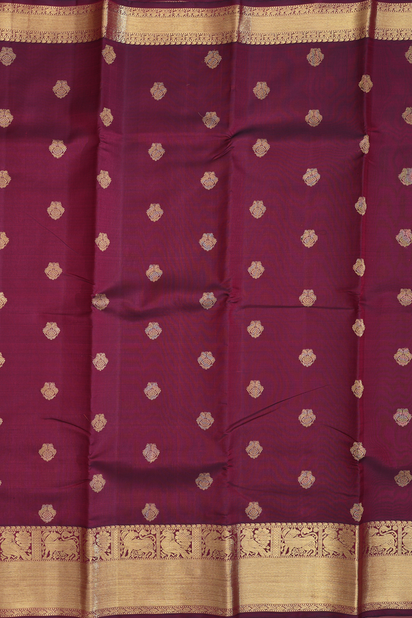 Kanchipuram Silk Saree In Dark Maroon With Parrot Buttas