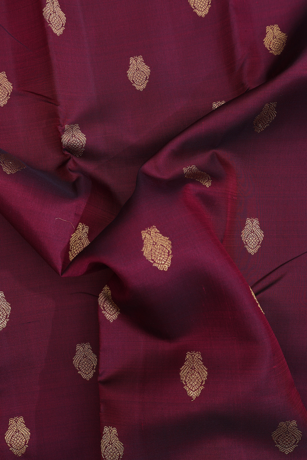 Kanchipuram Silk Saree In Dark Maroon With Parrot Buttas