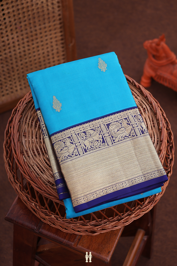 Kanchipuram Silk Saree In Deep Sky Blue With Zari Buttas