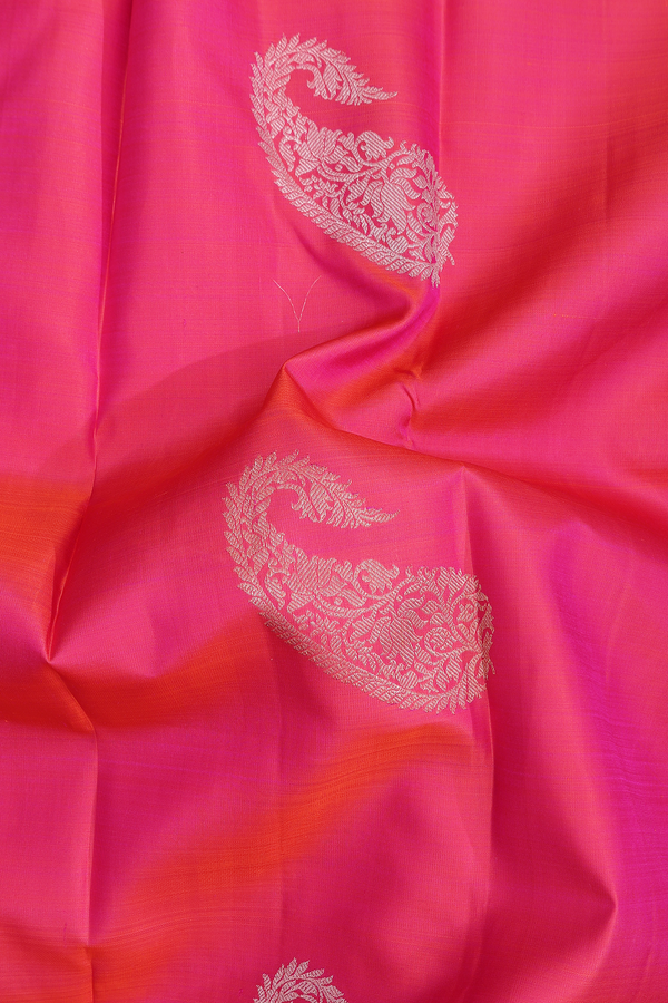 Kanchipuram Silk Saree In Coral Pink With Paisley Motifs