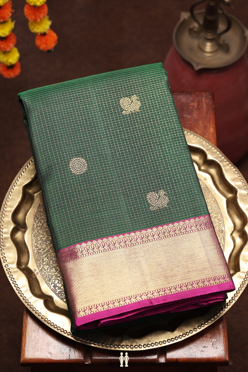 Kanchipuram Silk Saree In Green With Checks Along Buttas