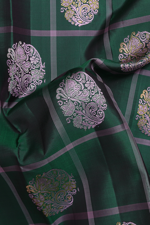 Kanchipuram Silk Saree In Green With Checks Along Buttas