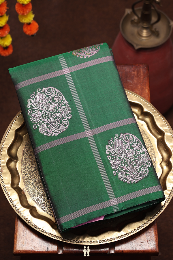 Kanchipuram Silk Saree In Green With Checks Along Buttas