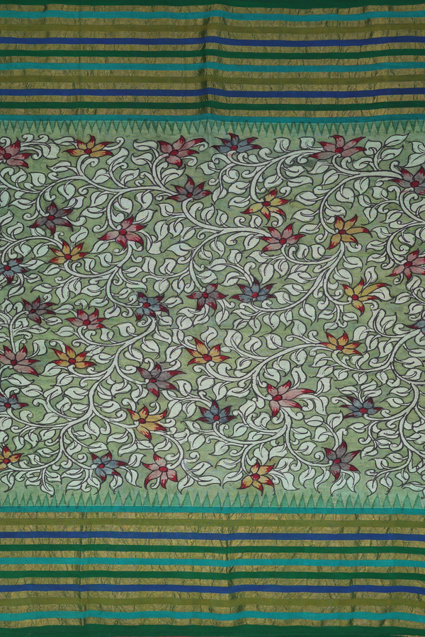 Kanchipuram Silk Saree In Green With Floral Hand Painted