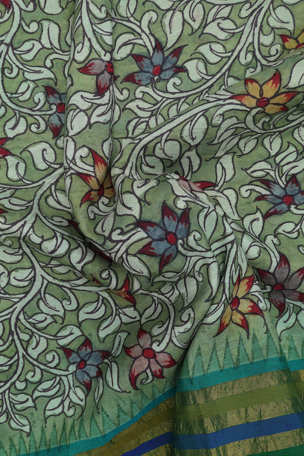 Kanchipuram Silk Saree In Green With Floral Hand Painted