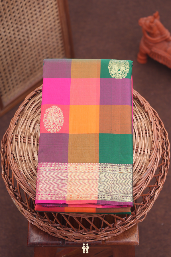 Kanchipuram Silk Saree In Multicolor With Checks Design