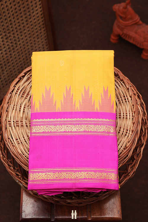 Kanchipuram Silk Saree In Mustard Yellow With Floral Buttas