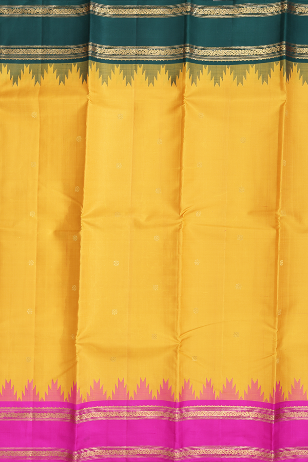 Kanchipuram Silk Saree In Mustard Yellow With Floral Buttas