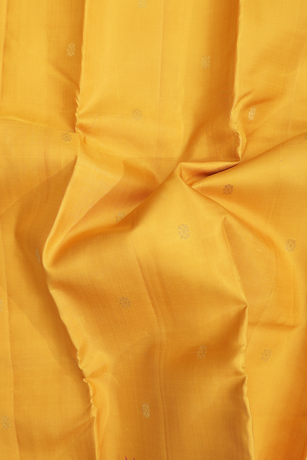 Kanchipuram Silk Saree In Mustard Yellow With Floral Buttas