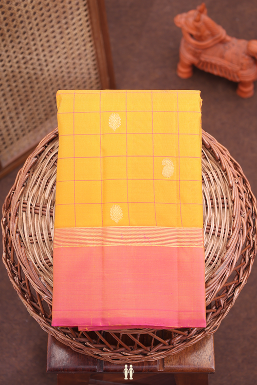 Kanchipuram Silk Saree In Ochre Orange With Checks Design