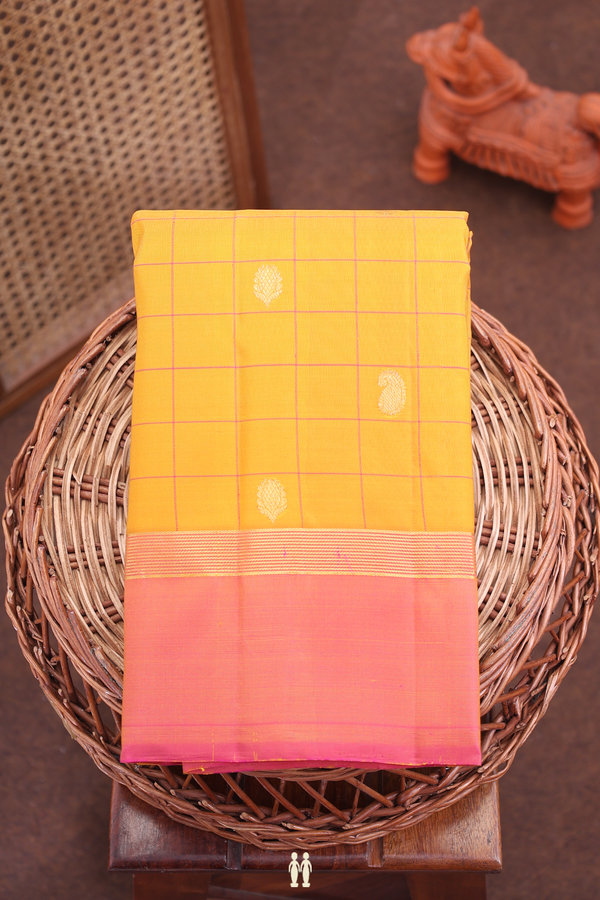 Kanchipuram Silk Saree In Ochre Orange With Checks Design