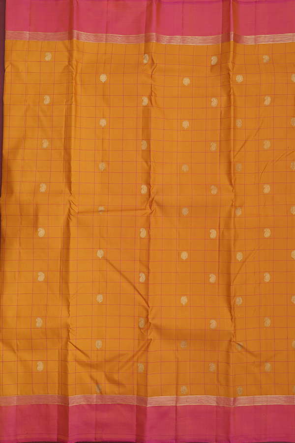 Kanchipuram Silk Saree In Ochre Orange With Checks Design