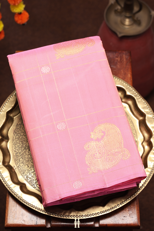 Kanchipuram Silk Saree In Pink With Checks Along Buttas