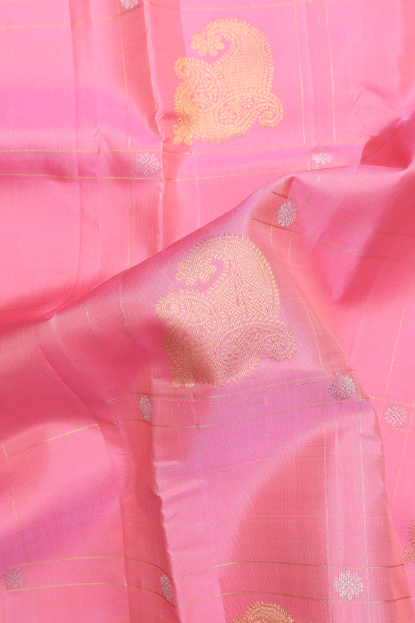 Kanchipuram Silk Saree In Pink With Checks Along Buttas