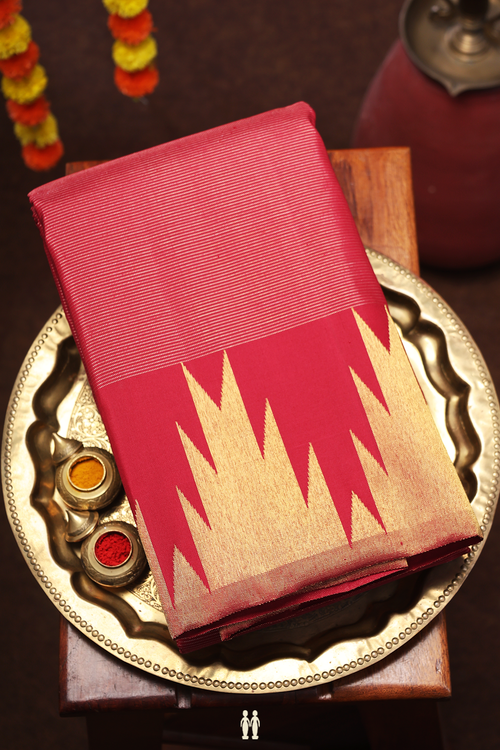 Kanchipuram Silk Saree In Red With Stripes Design
