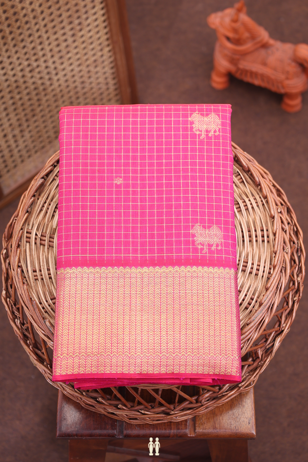 Kanchipuram Silk Saree In Rose Red With Checks Along Buttas