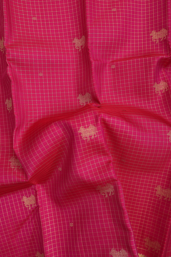 Kanchipuram Silk Saree In Rose Red With Checks Along Buttas