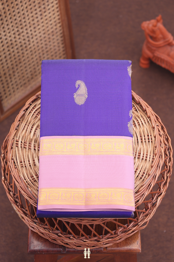 Kanchipuram Silk Saree In Royal Blue With Paisley Buttas