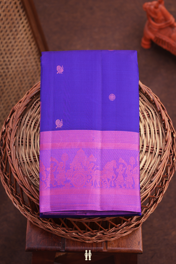 Kanchipuram Silk Saree In Royal Blue With Peacock Buttas