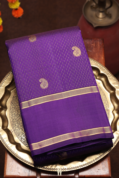Kanchipuram Silk Saree In Royal Purple With Paisley Buttas