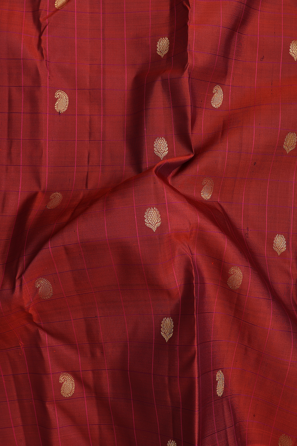 Kanchipuram Silk Saree In Rust Red Along Checks With Buttas