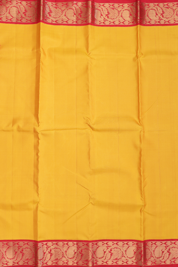 Kanchipuram Silk Saree In Saffron Yellow With Korvai Border