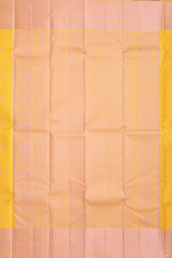 Kanchipuram Silk Saree In Saffron Yellow With Peacock Buttas