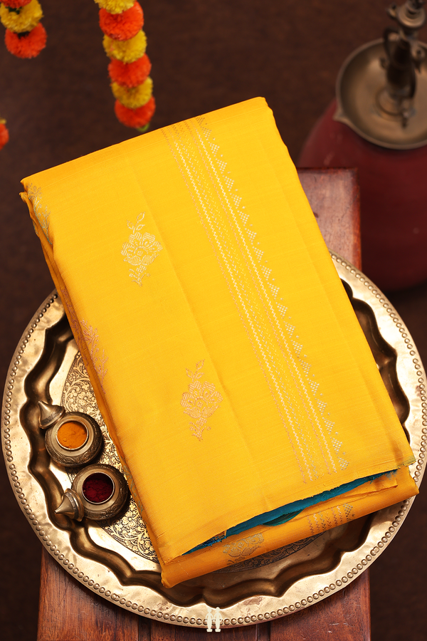 Kanchipuram Silk Saree In Saffron Yellow With Stripes Design