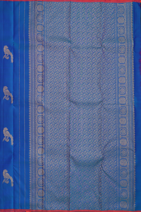 Kanchipuram Silk Saree In Teal Blue Along Stripes With Motifs