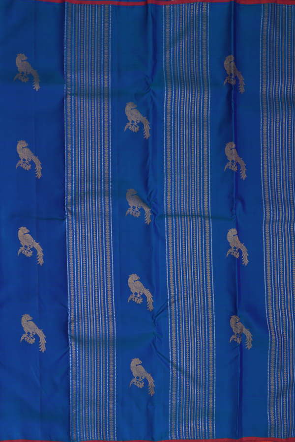 Kanchipuram Silk Saree In Teal Blue Along Stripes With Motifs