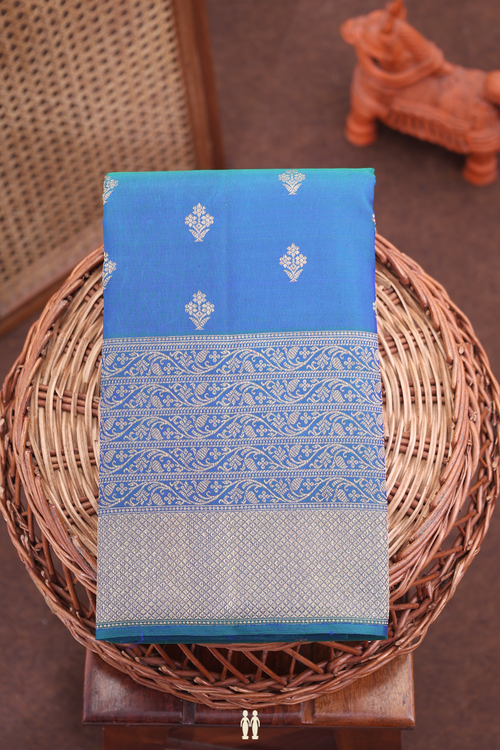 Kanchipuram Silk Saree In Capri Blue With Floral Buttas