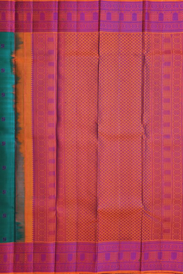 Kanchipuram Silk Saree In Teal Green With Peacock Buttas