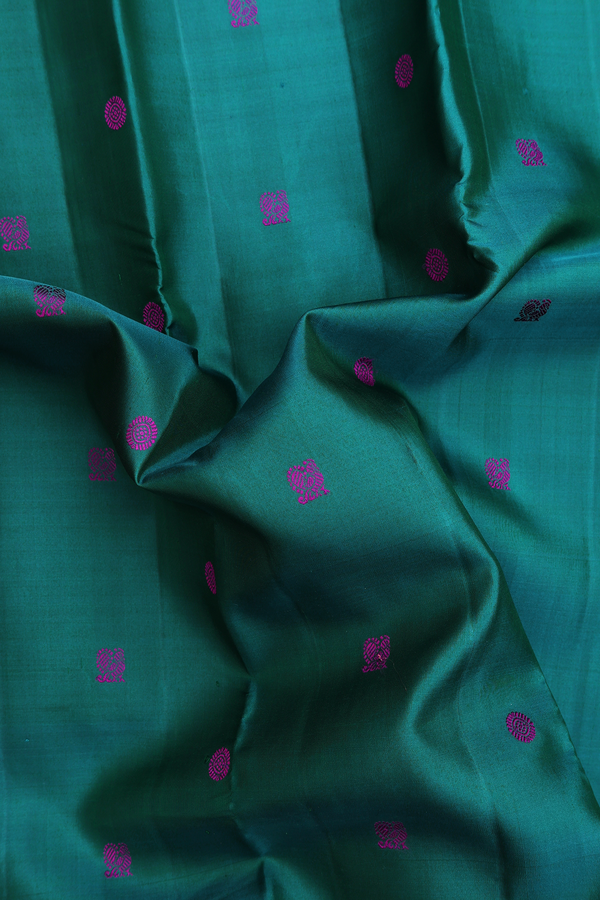 Kanchipuram Silk Saree In Teal Green With Peacock Buttas