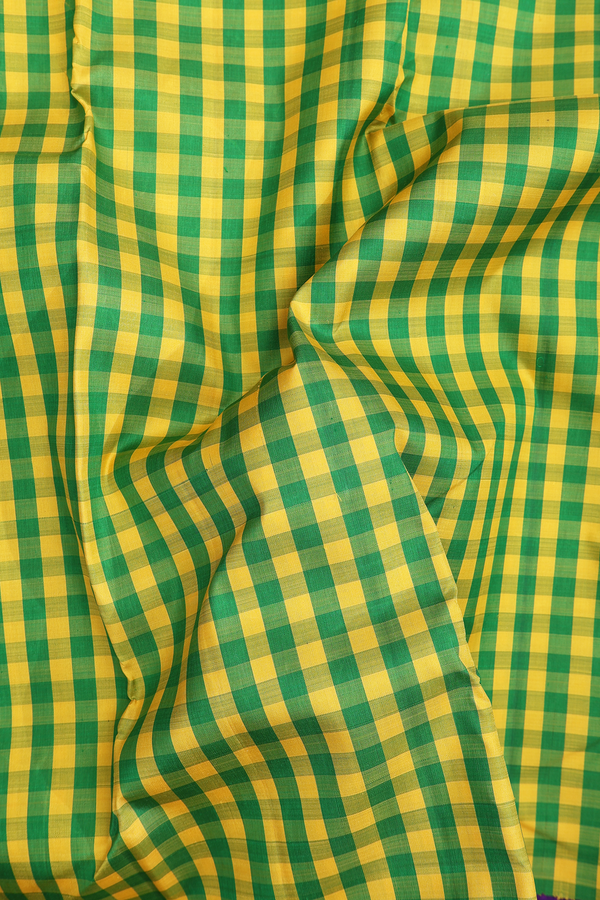 Kanchipuram Silk Saree In Yellow And Green With Checks Design