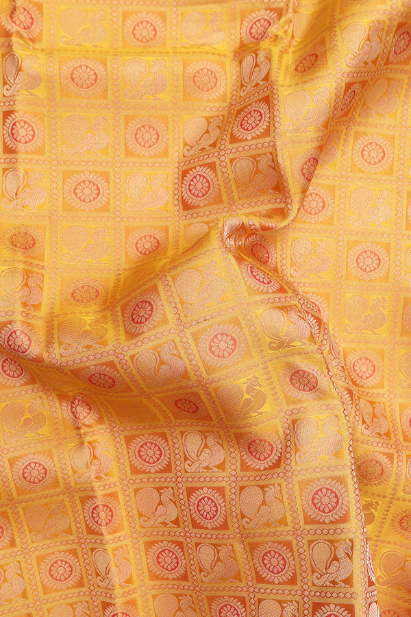 Kanchipuram Silk Saree In Yellow With Peacock Design