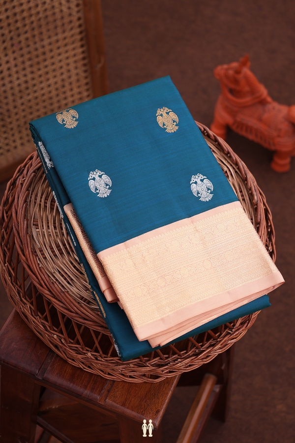Kanchipuram Silk Saree Teal Blue With Iruthalai Pakshi Buttas