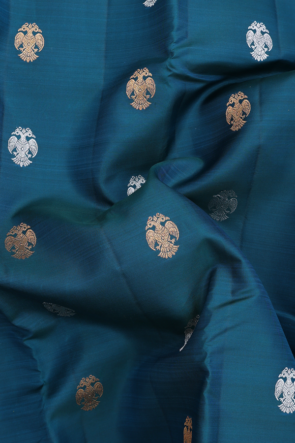 Kanchipuram Silk Saree Teal Blue With Iruthalai Pakshi Buttas