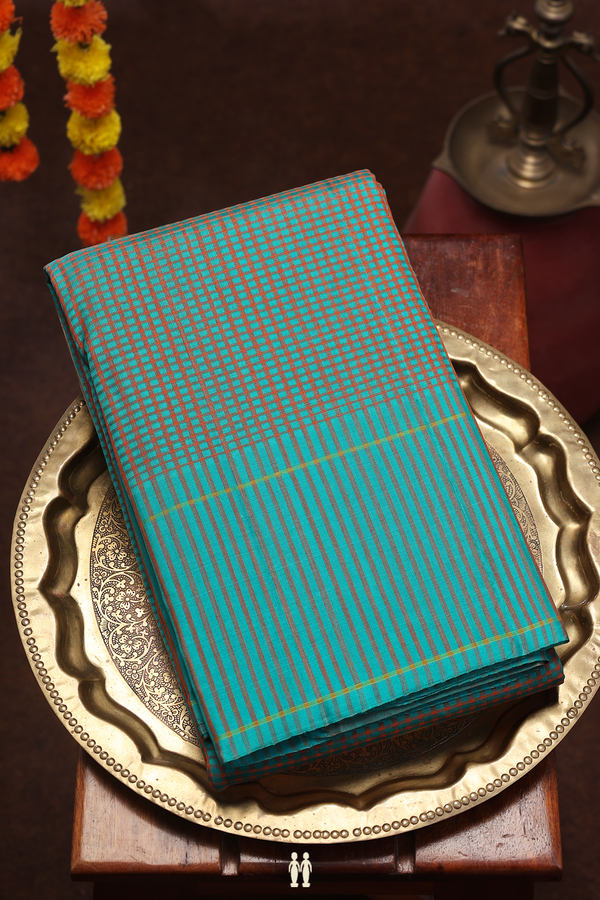 Koorainadu Silk Cotton Saree In Green And Orange With Checks