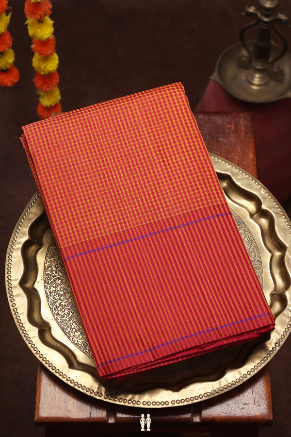 Koorainadu Silk Cotton Saree In Red And Orange With Checks