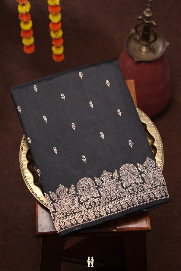 Banarasi Silk Saree In Black With Floral Buttas