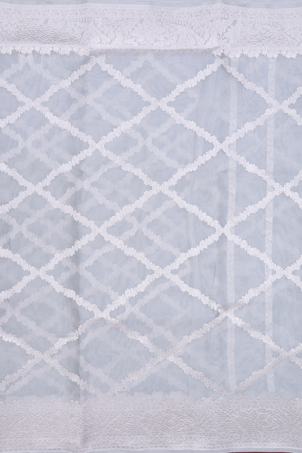 Kora Banarasi Silk Saree In Grey With Diamond Design